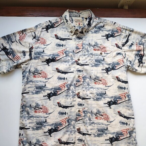 Red Head Patriotic Short Sleeve Shirt Planes Ships Flag  Men's Size XL - Picture 9 of 12